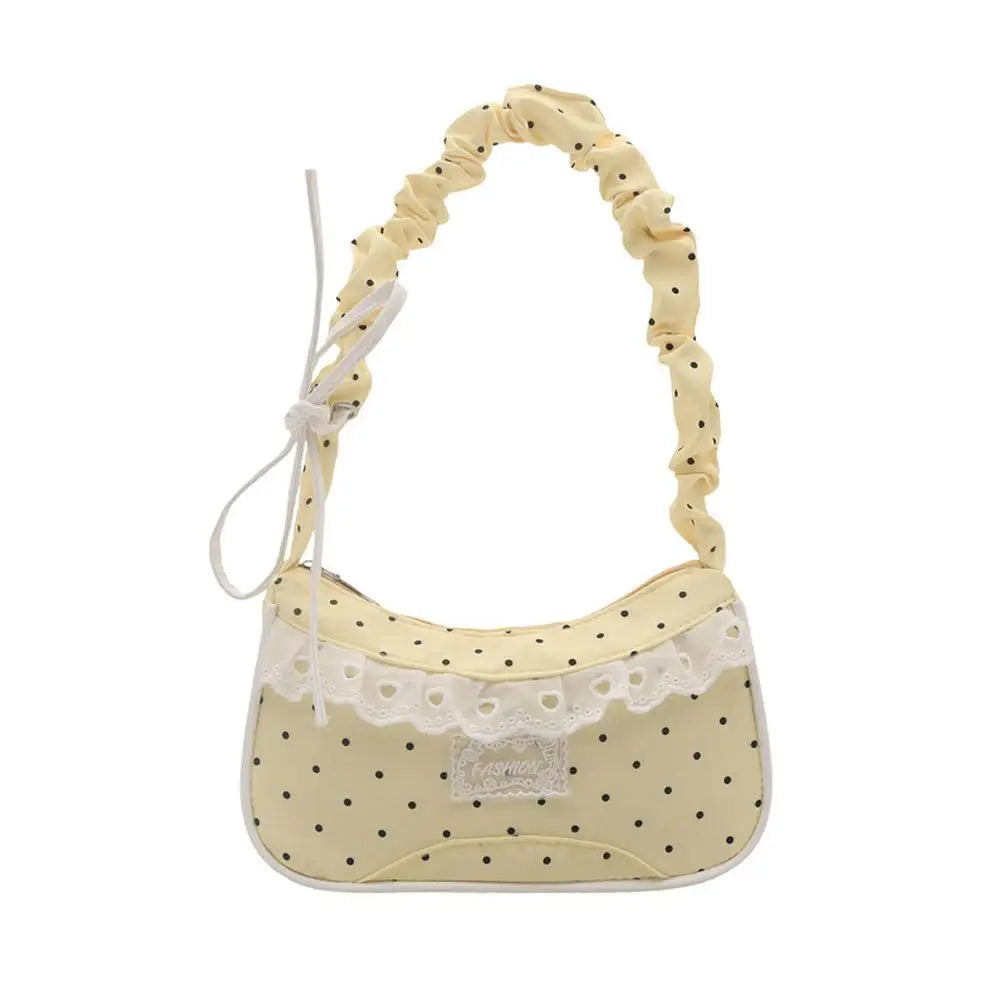 Lace Polka Dot Shoulder Bag Stretchable Strap Large Capacity Pleated Underarm Bag Polyester Multi-Color French Stick Handbag HIP Yellow