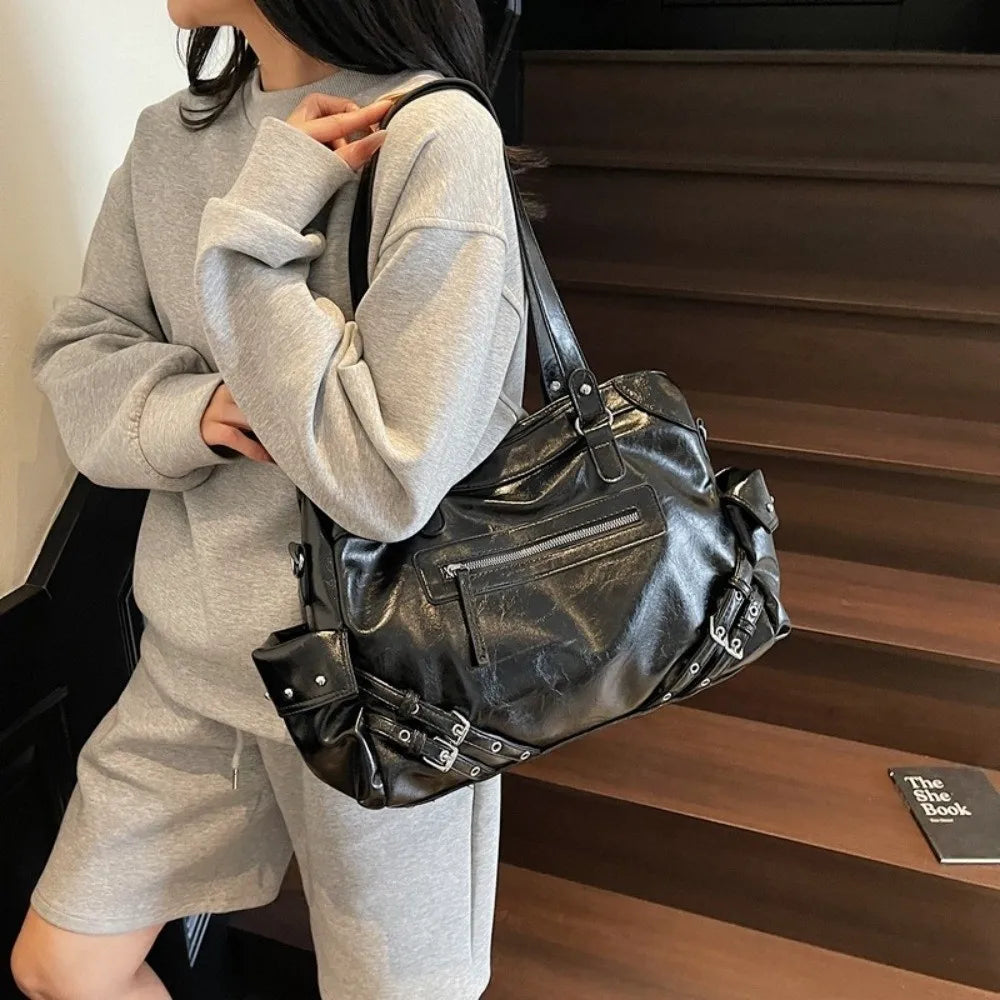 Y2K Retro Large Capacity PU Leather Tote Shoulder Bag – Women PU Leather Tote Bag HIP
