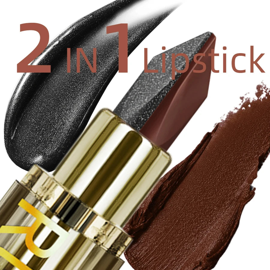 1pc Two Tone Chocolate Color Lipstick Waterproof Glitter&Matte Lip Tint Red Sexy Lips Makeup High Pigmented Lip Liner Cosmetics HIP