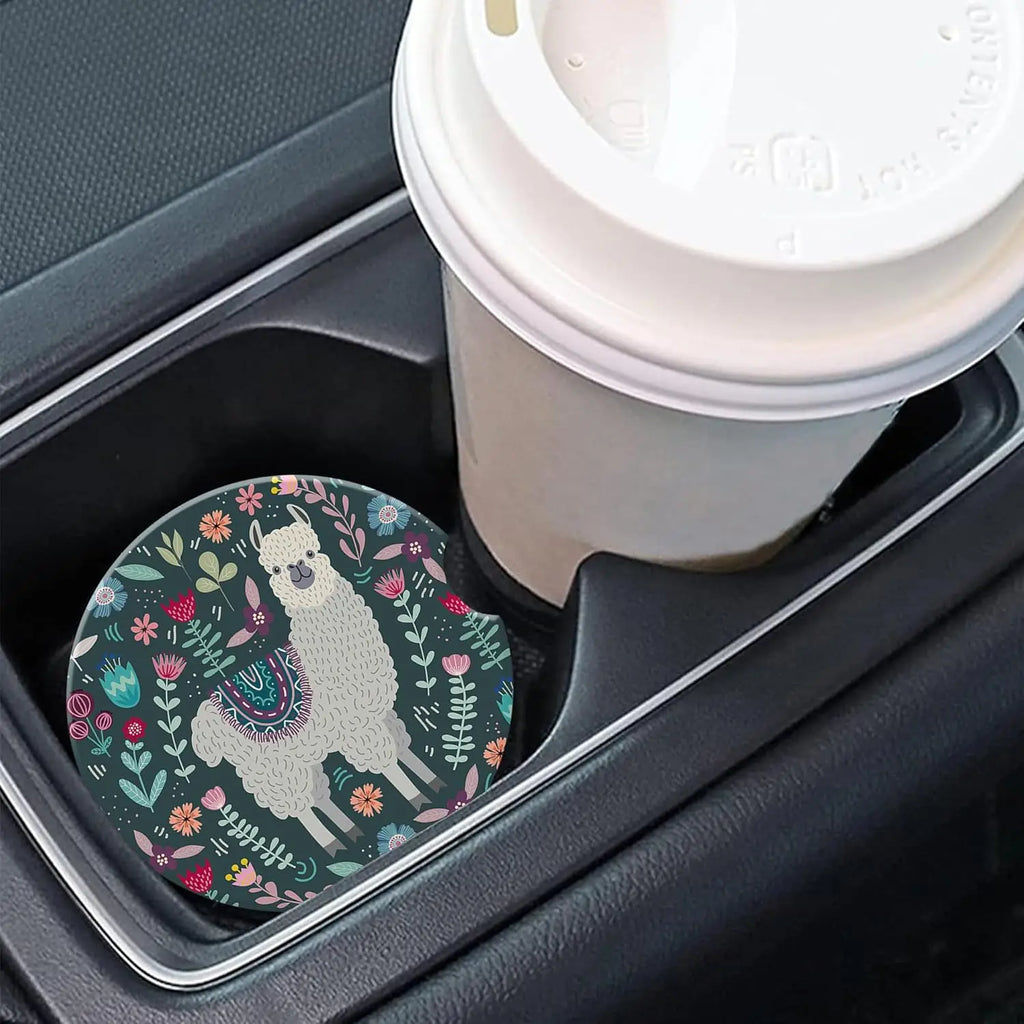 Llama Floral Ceramic Car Cup Holder Coasters – Drink Mat Car Cup Coaster HIP