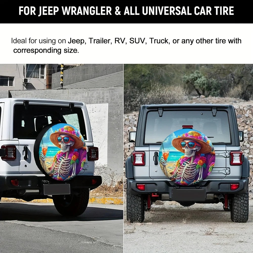 Seaside Skeleton Tire Cover – Tropical Beach Floral Design Spare Tire Cover HIP