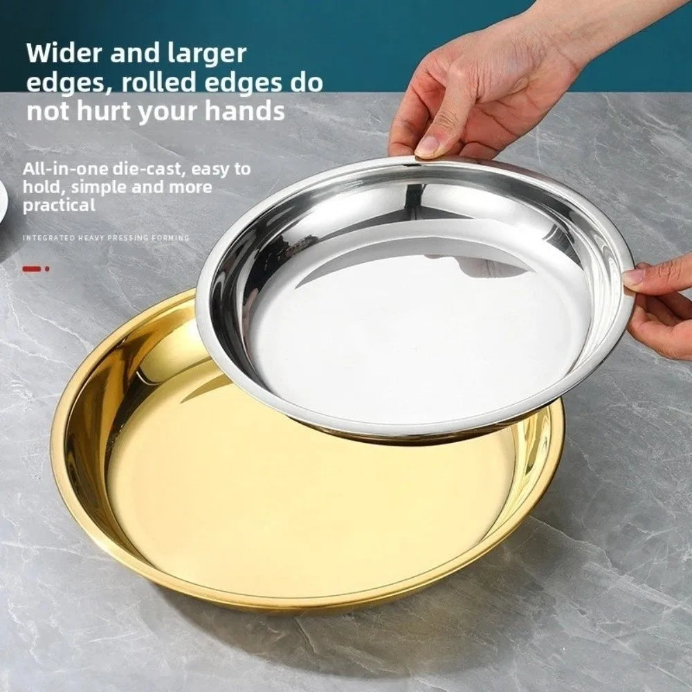 Stainless Steel Round Shallow Tray – Camping & Picnic Plate Serving Tray Plate HIP