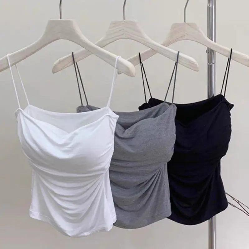 Y2K Sexy Tank Tops Women Spaghetti Strap Crop Top With Bra Bodycon Sleeveless Cami Tube Top Basic Camisole Tees Korean Clothes HIP