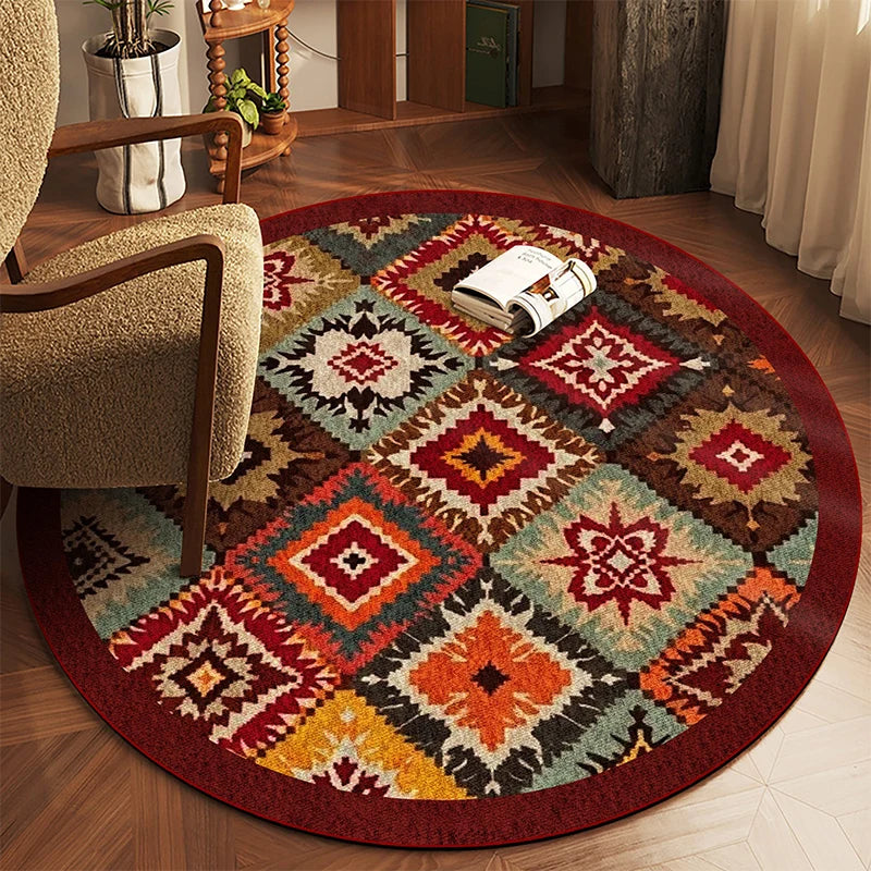 Round Boho Rug – Non-Slip Machine Washable Geometric Carpet Round Area Rug HIP
