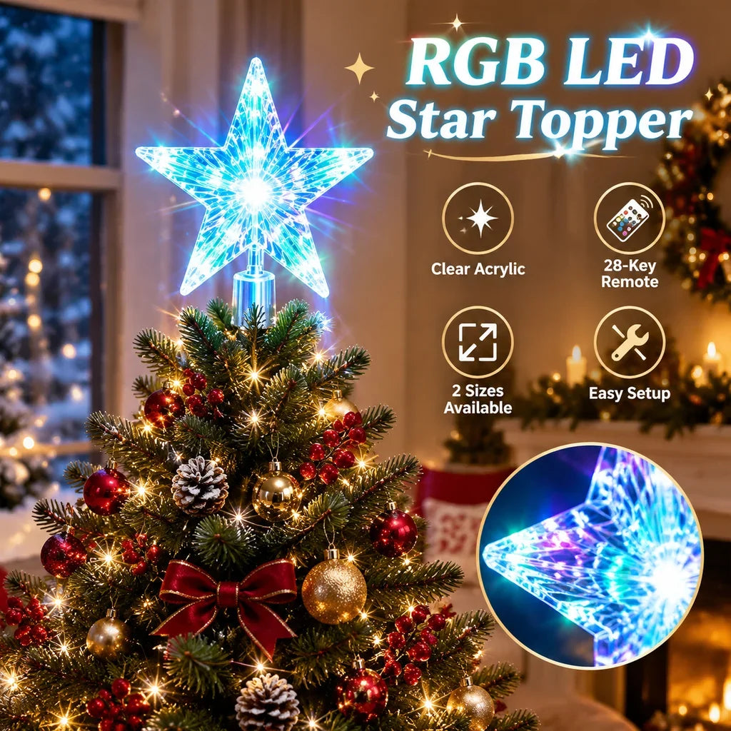 RGB LED Color Changing Five-Pointed Star Christmas Tree Topper 18Cm/22Cm With 28-Key Remote Xmas Home Decor HIP