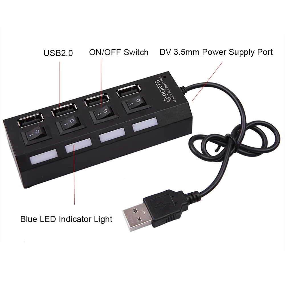 4-Port USB Hub with ON/OFF Switch & LED Indicator | SEamopar USB Hub Splitter HIP 4 Ports Black
