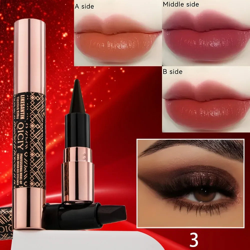 Orange Lipstick Silky Smooth Matte Long-wear Gel Eyeliner 3color Lip Gloss 2IN1 Makeup Pen Lipliner Stick Sexy Women Cosmetics HIP 03