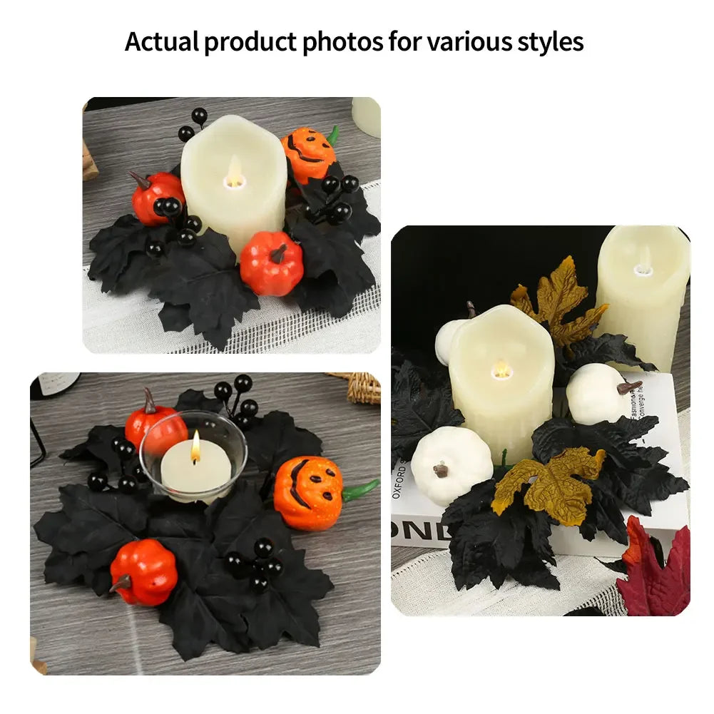 Spooky Home Decor Gothic Halloween Wreath Leaves Red Berries Pumpkin Pinecone Candle Holder For Mantel Fireplace Front Door HIP