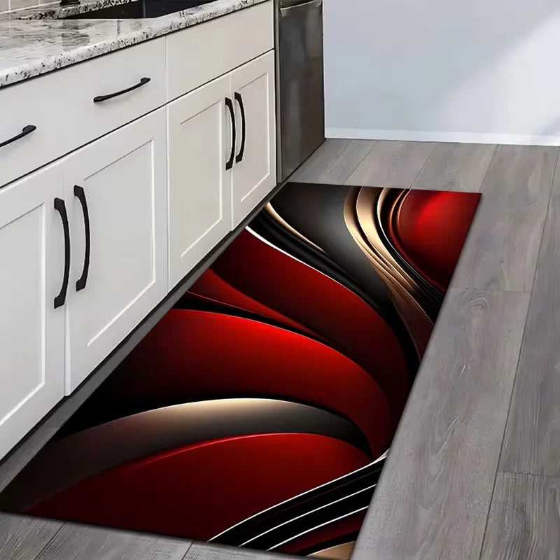 Red Black Gold Wave Kitchen Runner – Non-Slip Washable Rug Kitchen Runner Rug HIP