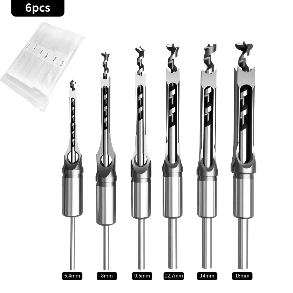 Square Hole Drill Bit Set – Mortising Chisel Adapter 6.4–14mm Mortising Drill Bit Set HIP 6pcs