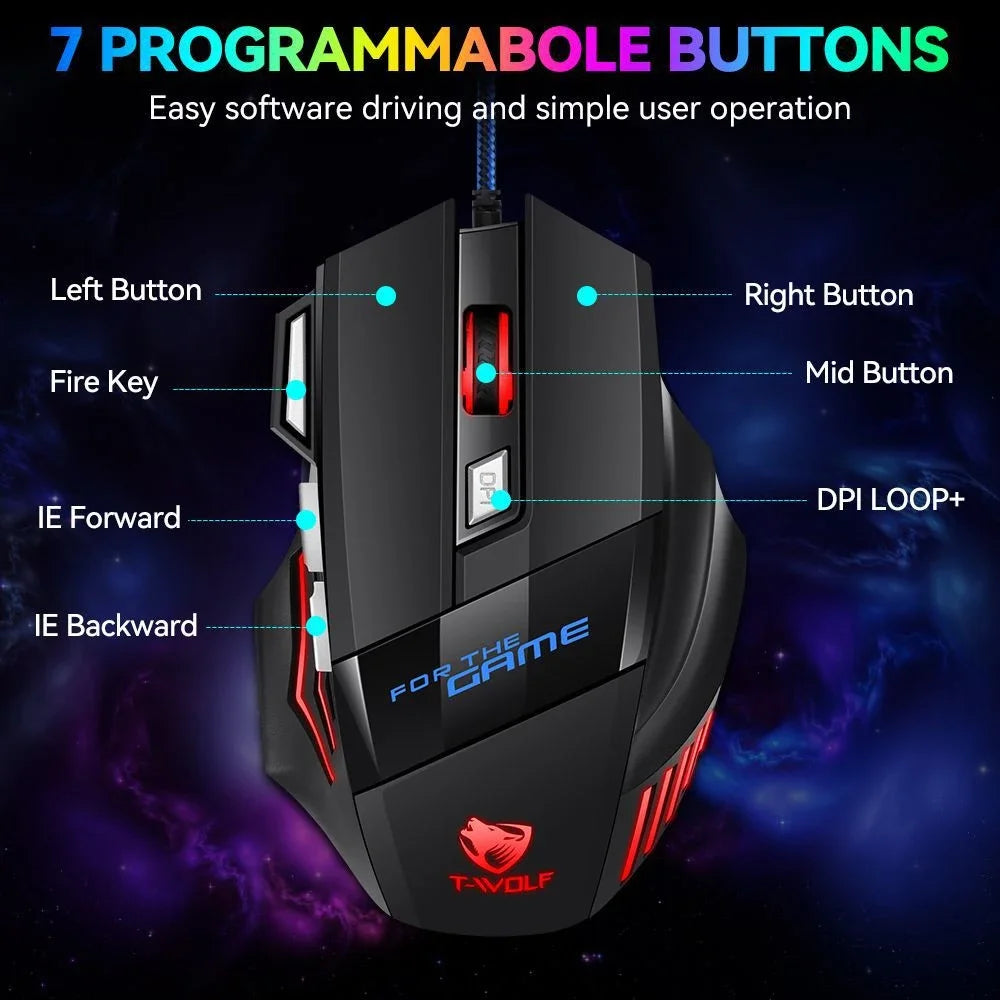 KEBIDUMEI 7-Button RGB Wired Gaming Mouse 2400 DPI Ergonomic Wired Gaming Mouse HIP