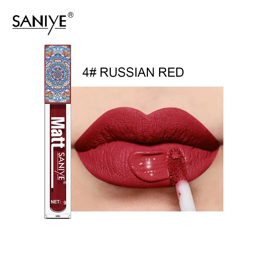 SANIYE Brand Makeup Nude Lip Gloss Waterproof Liquid Matte Lipstick Long Lasting 4g Quick Dry Red Lip Gloss Cosmetics HIP 04