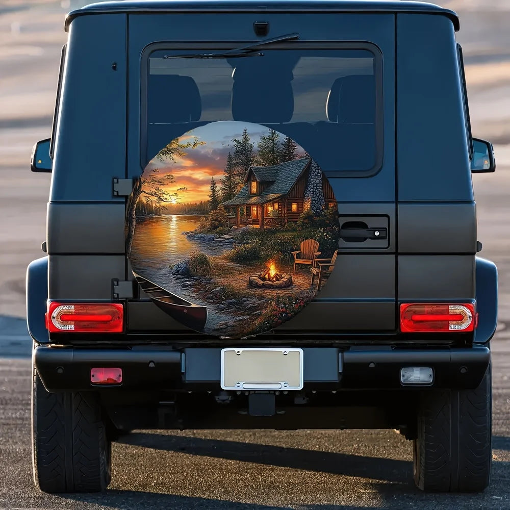 Rustic Cabin Sunset Spare Tire Cover – Lakeside Canoe Scene Spare Tire Cover HIP