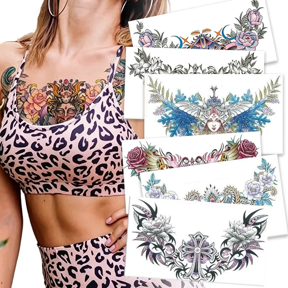 Waterproof Temporary Tattoo Sticker Big Chest Beauty Flower Fashion Colorful Butterfly Gem Diamond Art Fake Waist Tattoos Woman HIP