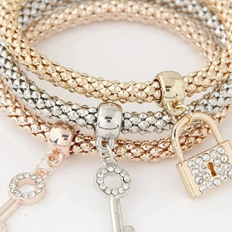 3 PCS Set Heart Lock Key Music Sign Charm Bracelet Owl Rose Gold Plating Silver Color Chain Owm Charm Bangle Jewelry Set HIP sku4