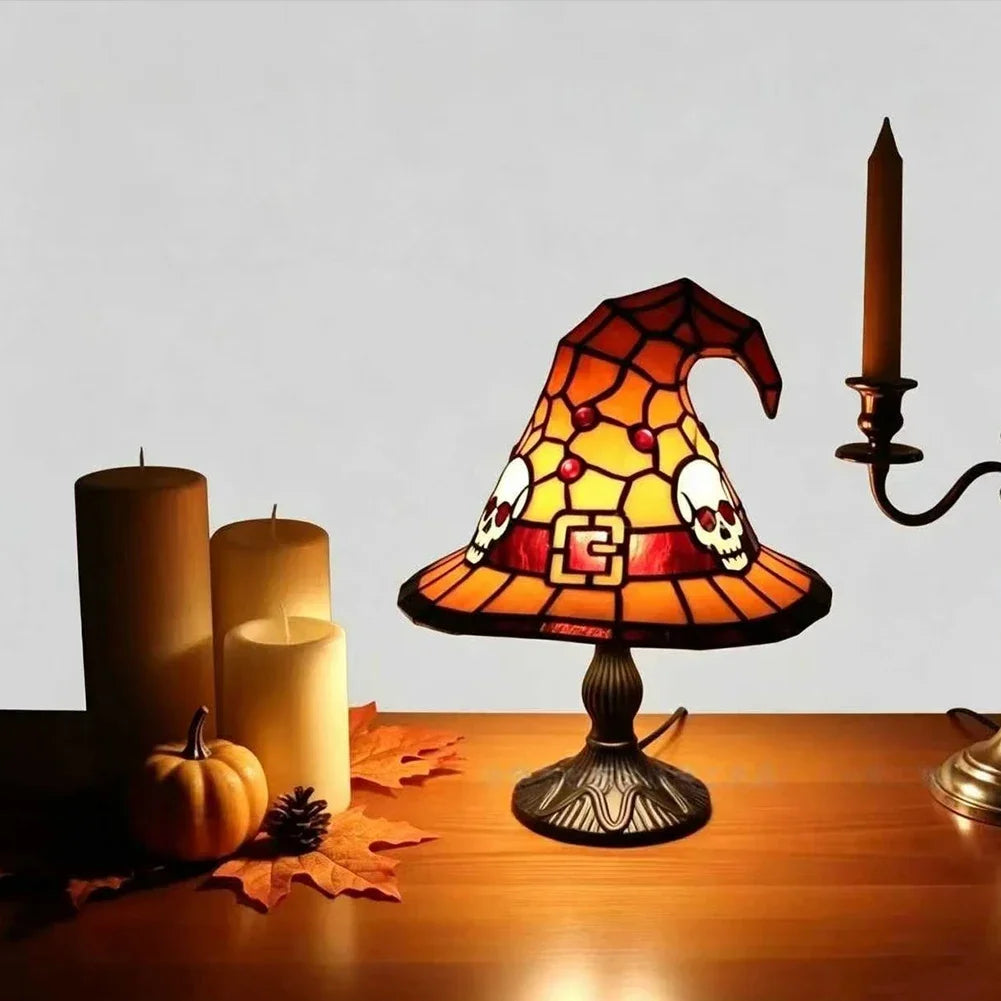Gothic Desktop Ornament USB Powered Stained Glass Witch Hat Resin Night Light For Bedroom Halloween Party Living Room Home Decor HIP