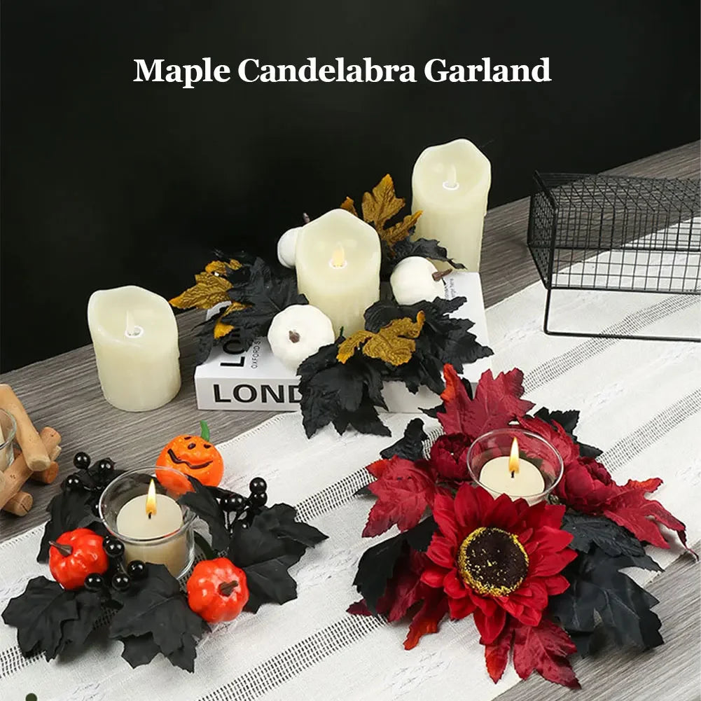 Spooky Home Decor Gothic Halloween Wreath Leaves Red Berries Pumpkin Pinecone Candle Holder For Mantel Fireplace Front Door HIP