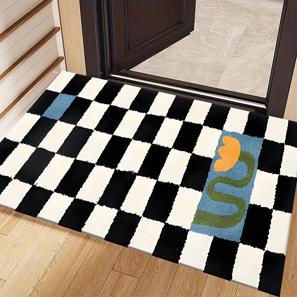 Checkered Floral Non-Slip Rug – Black & White Indoor Mat Decorative Area Rug HIP 1 40X60cm-Felt