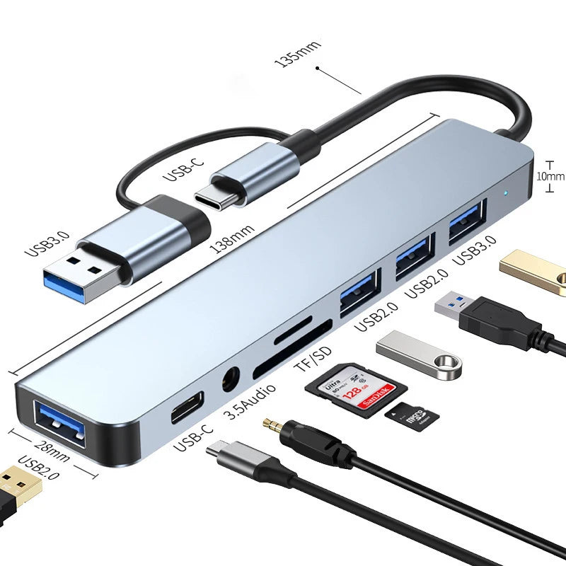 8 in 2 USB +Type C HUB Docking Station with 3.5mm Audio Jack Adapter for Micro SD Card Reader Laptop Tablet Phone Disk Converter HIP