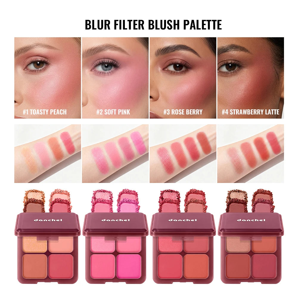 2pcs Blur Filter Blush Palette With Blush Brush 4 Color Matte Highlighter Palette Long-Lasting Makeup Cosmetics for Face Cheek HIP