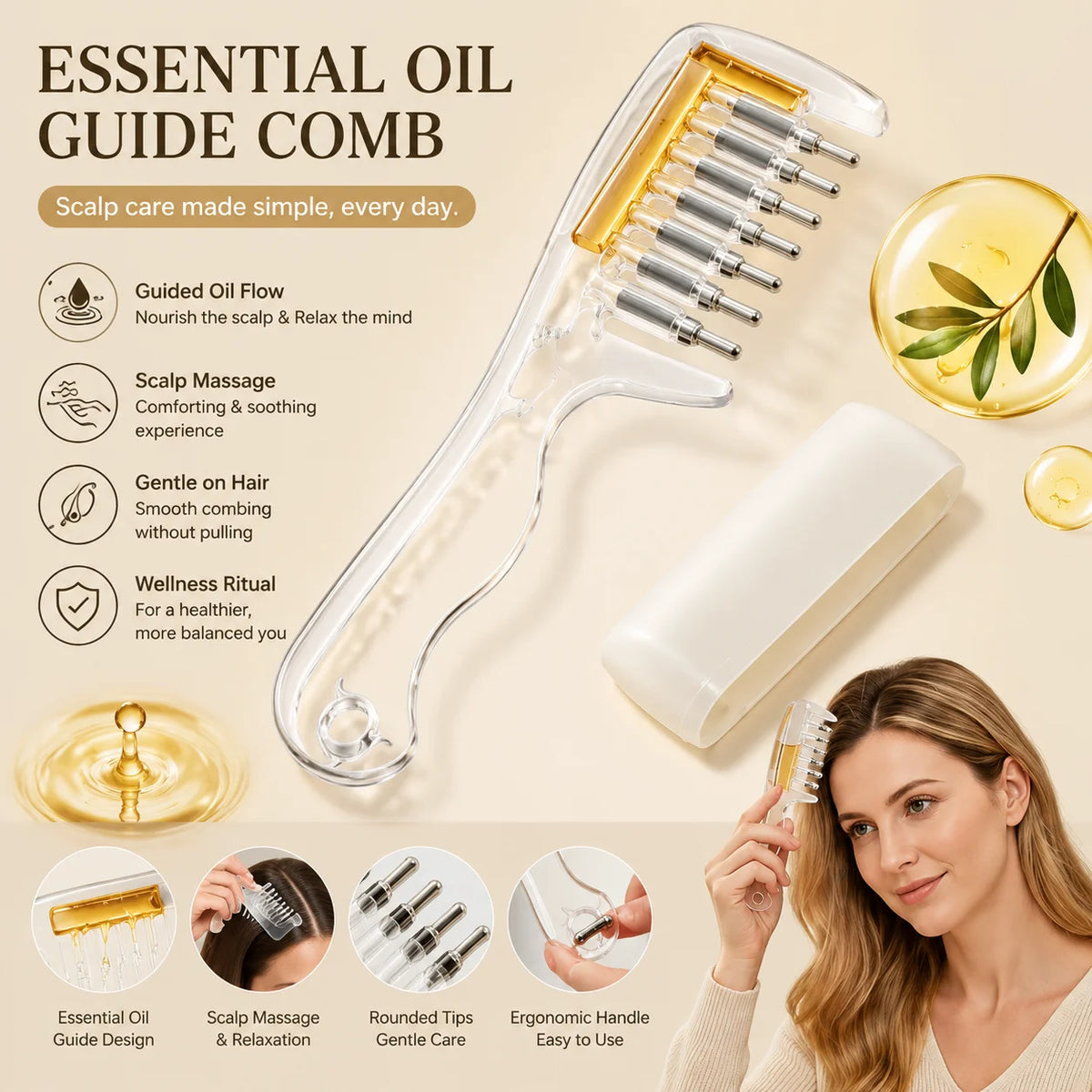 Essential Oil Applicator Comb – Rolling Metal Teeth, 10ml Scalp Applicator Comb HIP