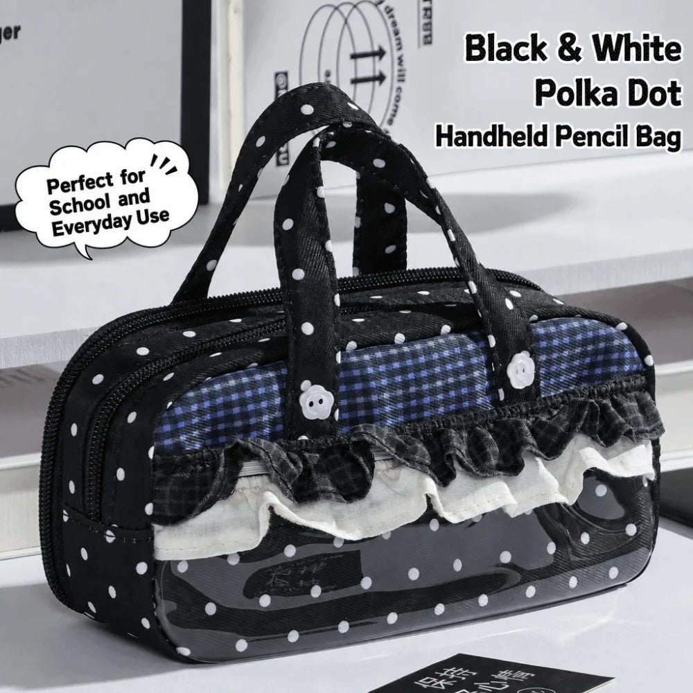 Kawaii Ruffle Lace Pencil Case – Polka Dot Multi-Layer Pouch Pencil Case HIP