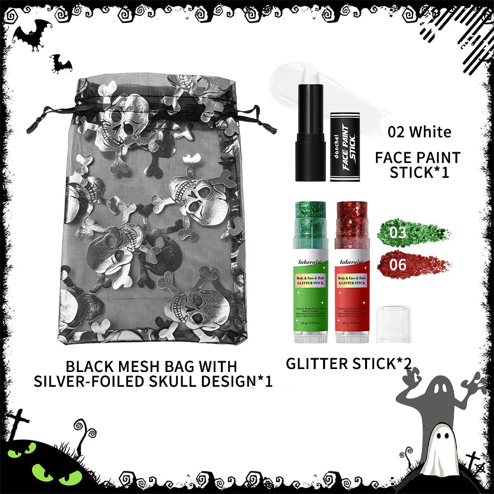 4pcs Halloween Stage Makeup Kit Red Green Sequins White Lipstick Equipped With Storage Pouch Cosplay Party Body Face Decorations HIP