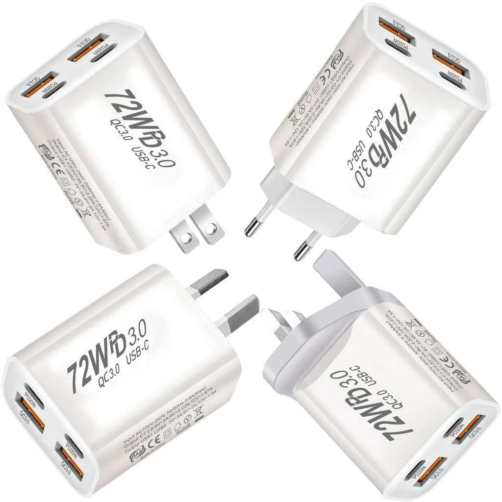 4-Port USB Wall Charger – QC3.0 & PD 20W | UK AU EU US USB Wall Charger HIP