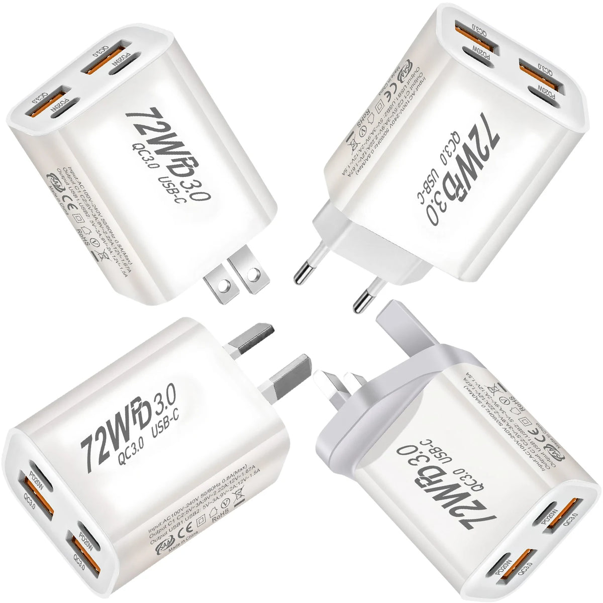 4-Port USB Wall Charger – QC3.0 & PD 20W | UK AU EU US USB Wall Charger HIP