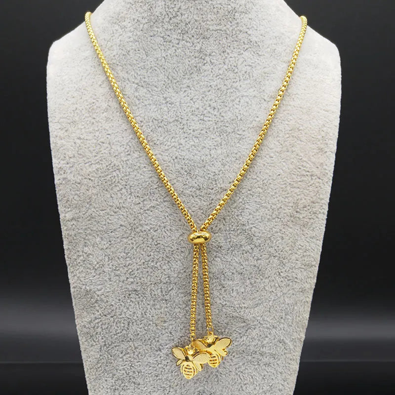Fashion Bee Stainless Steel Long Necklace for Women Gold Color Statement Necklace Jewelry colgantes mujer moda N1525S03 HIP
