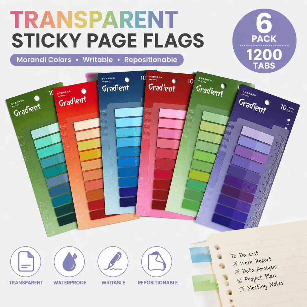 6-Pack Morandi Transparent PET Index Sticky Note Pads 1200 Sheets Index Sticky Note Pads HIP