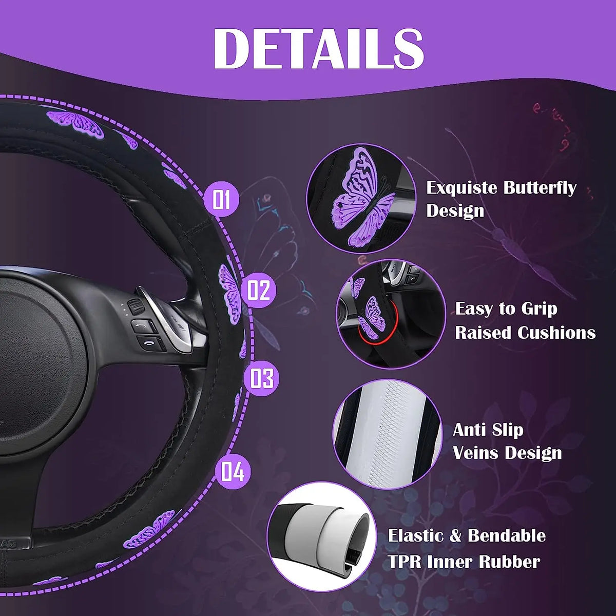 Purple Butterfly Steering Wheel Cover – Universal 15" Fit Steering Wheel Cover HIP