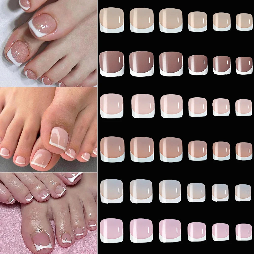 120Pcs Glossy Nude Pink French Press-On-Toenail Set 1*Box Short French Square Fake Toe Nails Solid-Color Manicure Toenails Tips HIP