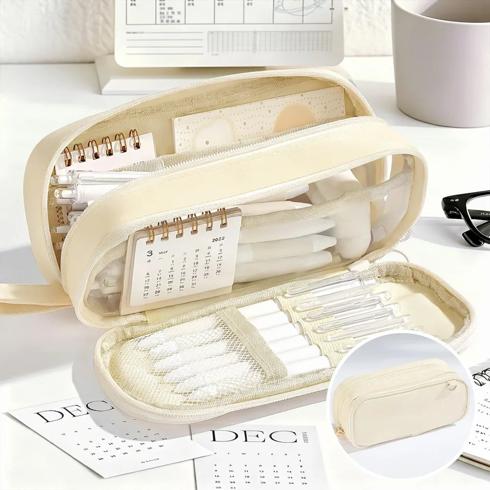 Large Capacity Multi-Layer Pencil Case – Oxford Fabric Pouch Pencil Case HIP Beige