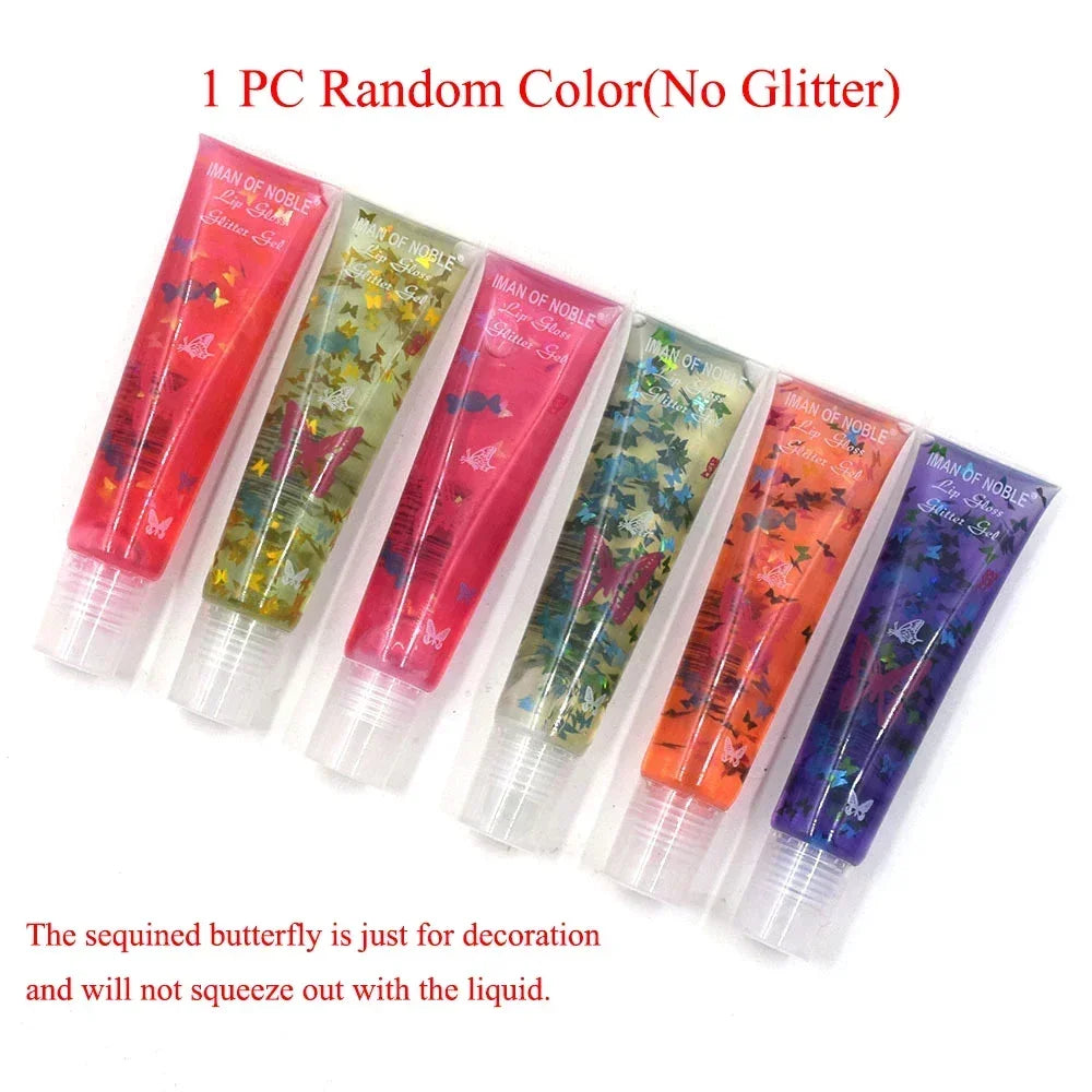 Sequins Lip Oil Jelly Fruit Lip Gloss Plumping Lip Balm Fades Lip-Lines Moisturizer Shiny Natural Plant Anti-Cracking Care HIP 03ButterflyRandom1Pc
