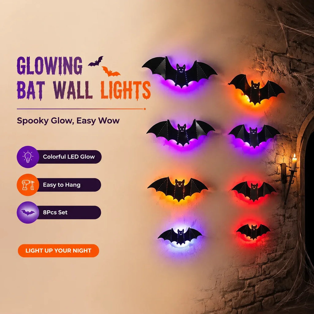 Universal Bat Wall Stickers with LED Night Light 8Pcs 3D Hollow-Out Glowing Bat Wall Sticker Halloween Party Festival Decoration HIP