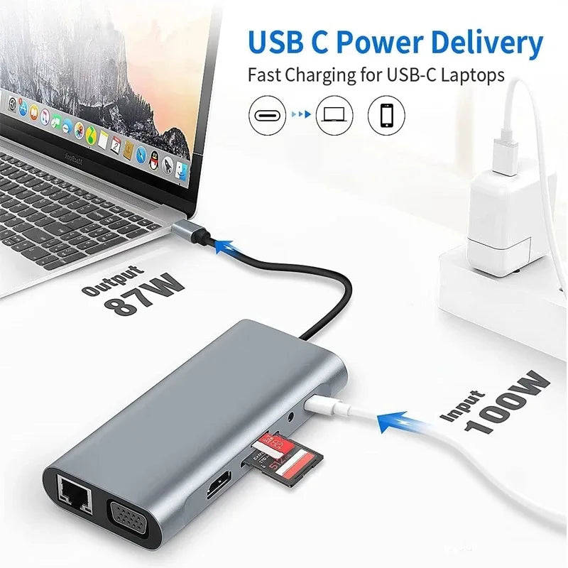 OULLX 11-in-1 USB-C Hub – HDMI 4K, VGA, RJ45, PD Charging USB-C Multiport Hub HIP