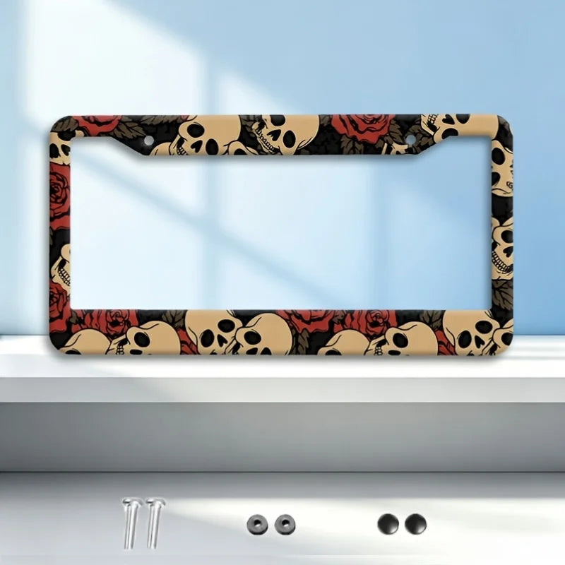 Aluminum License Plate Frame – Vintage Skull & Red Rose License Plate Frame HIP 1