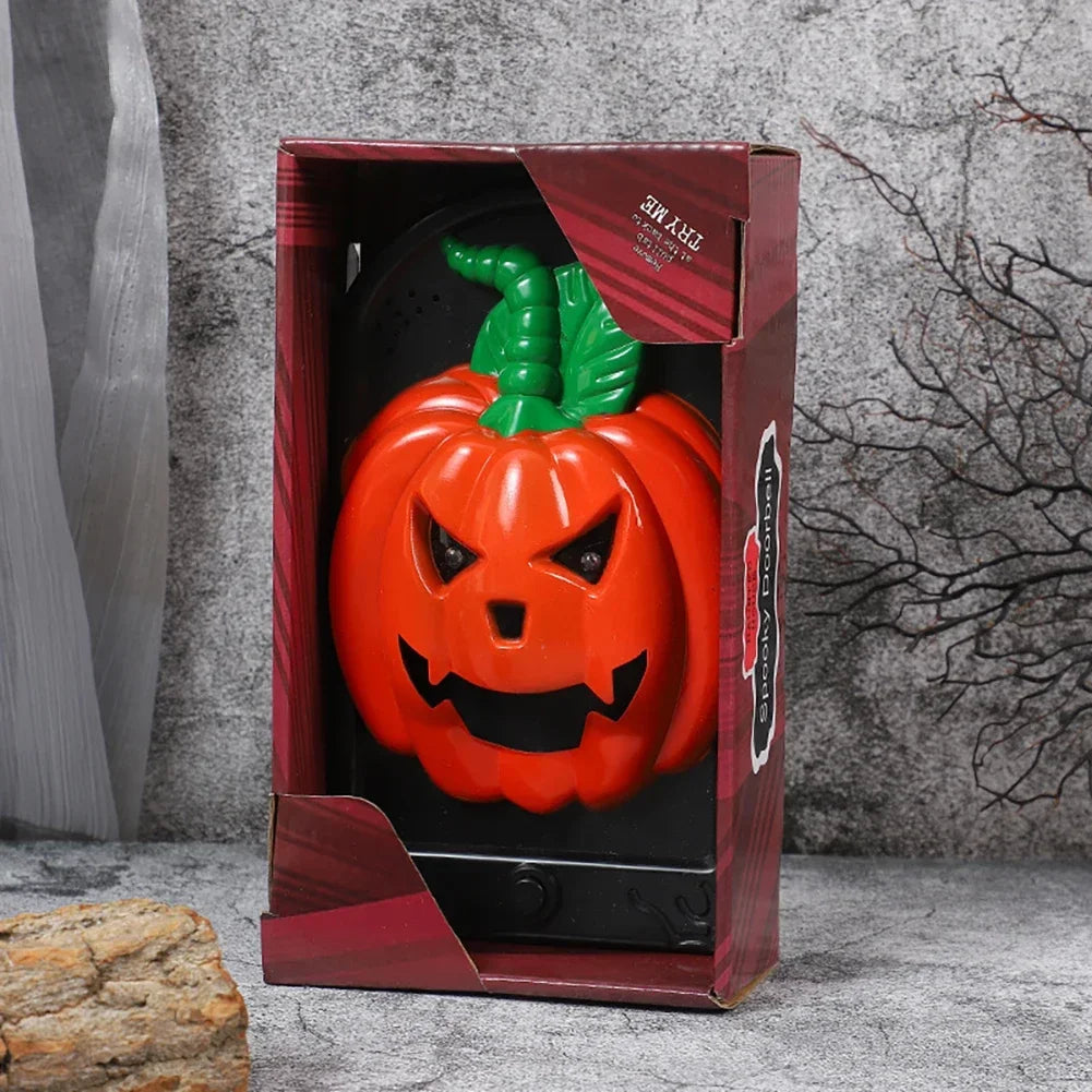 Funny Popping Tongue Glowing Eyes Doorbell Hanging Prop Haunted House Party Pumpkin Witch Skull Design Spooky Halloween Doorbell HIP 01 Orange