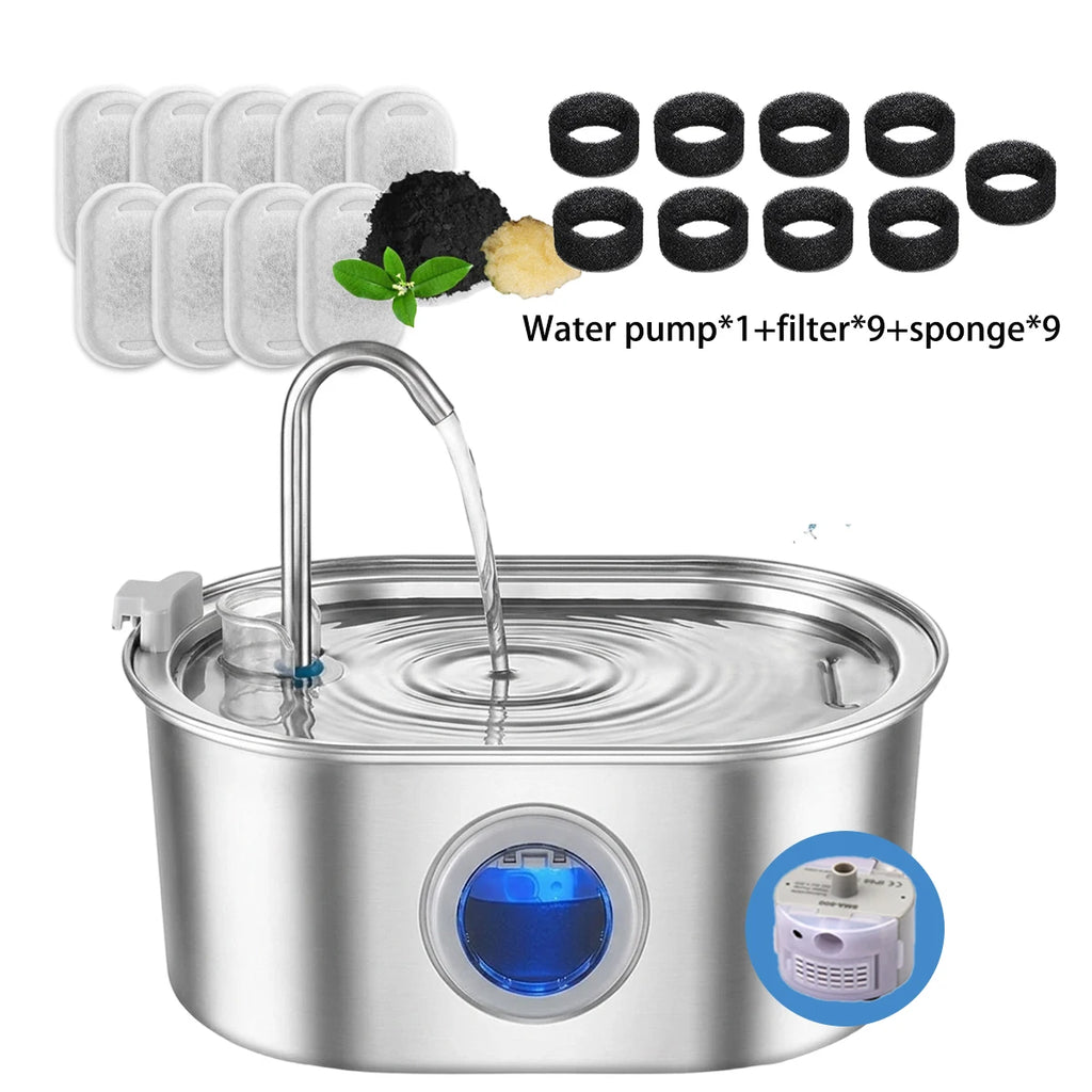 Stainless Steel Cat Water Fountain 3.2L/108oz, Ultra Quiet Pet Water Dispenser Dog Fountain with 9 Replacement Filters HIP 1-1set-9pcs No plug
