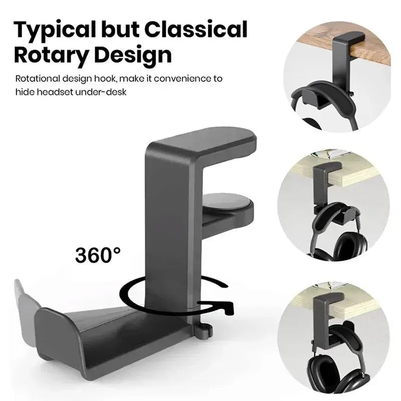 Under Desk Headphone Stand – 360° Rotating Clip-On Hanger Headphone Desk Hanger HIP