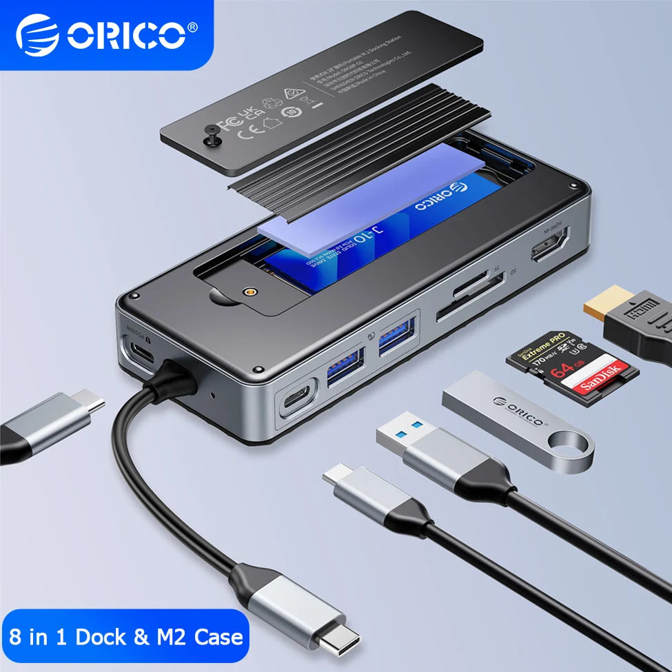 ORICO 8-in-1 USB-C Dock with M.2 NVMe SSD Enclosure, 4K HDMI USB-C Docking Station HIP