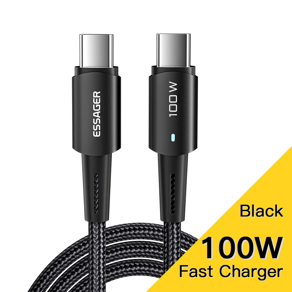Essager PD 100W USB-C to USB-C Fast Charging Cable with LED USB-C Charging Cable HIP A01-Black 100W 3m