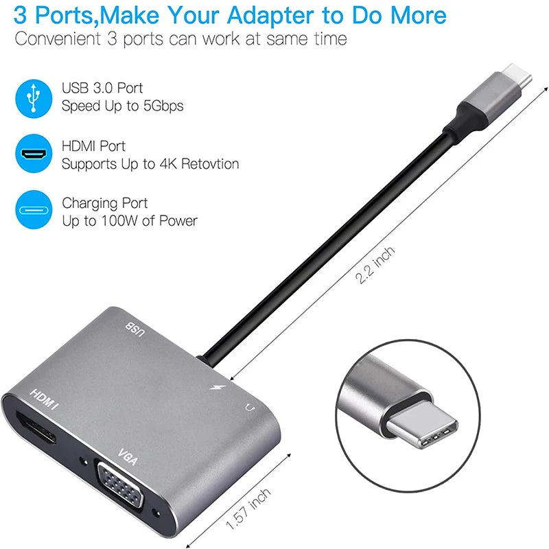 OULLX 5-in-1 USB-C Hub – 4K HDMI, VGA, USB 3.0 & PD Adapter USB-C Multiport Hub HIP