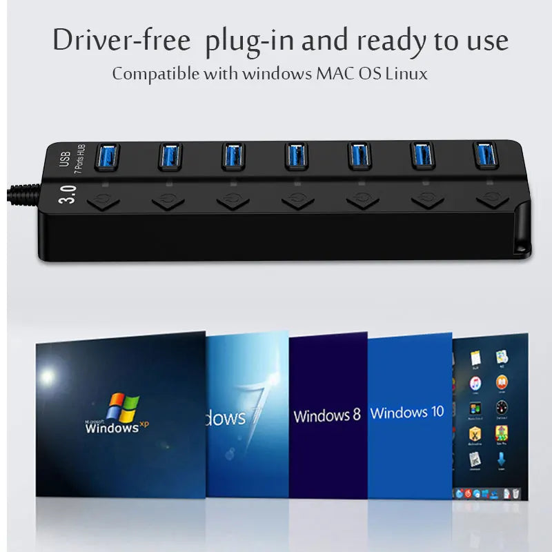 SEamopar 4/7-Port USB Hub 3.0 & 2.0 with On/Off Switches USB Hub Splitter HIP