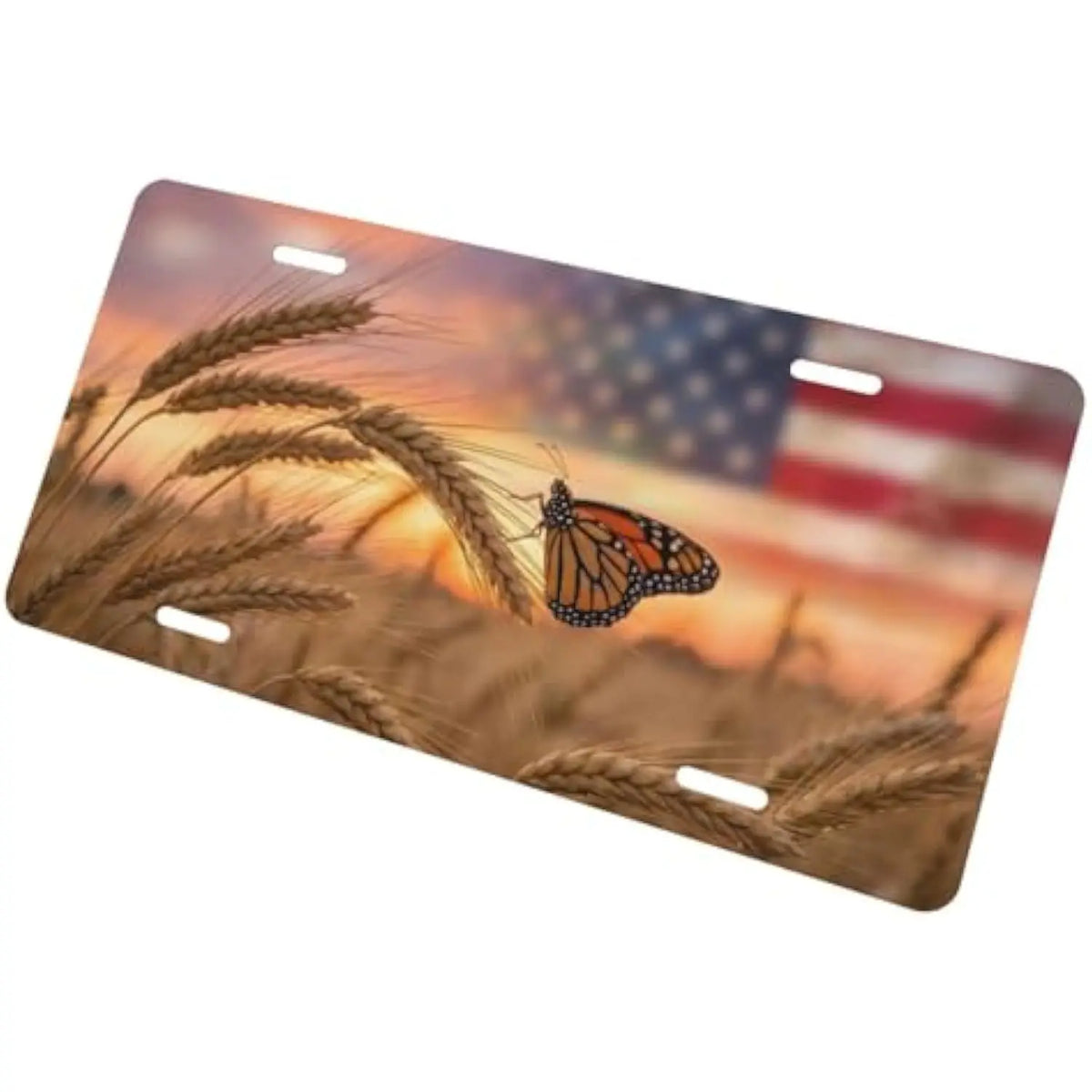 Patriotic USA Flag Butterfly Wheat Field Aluminum Vanity Tag Decorative License Plate HIP