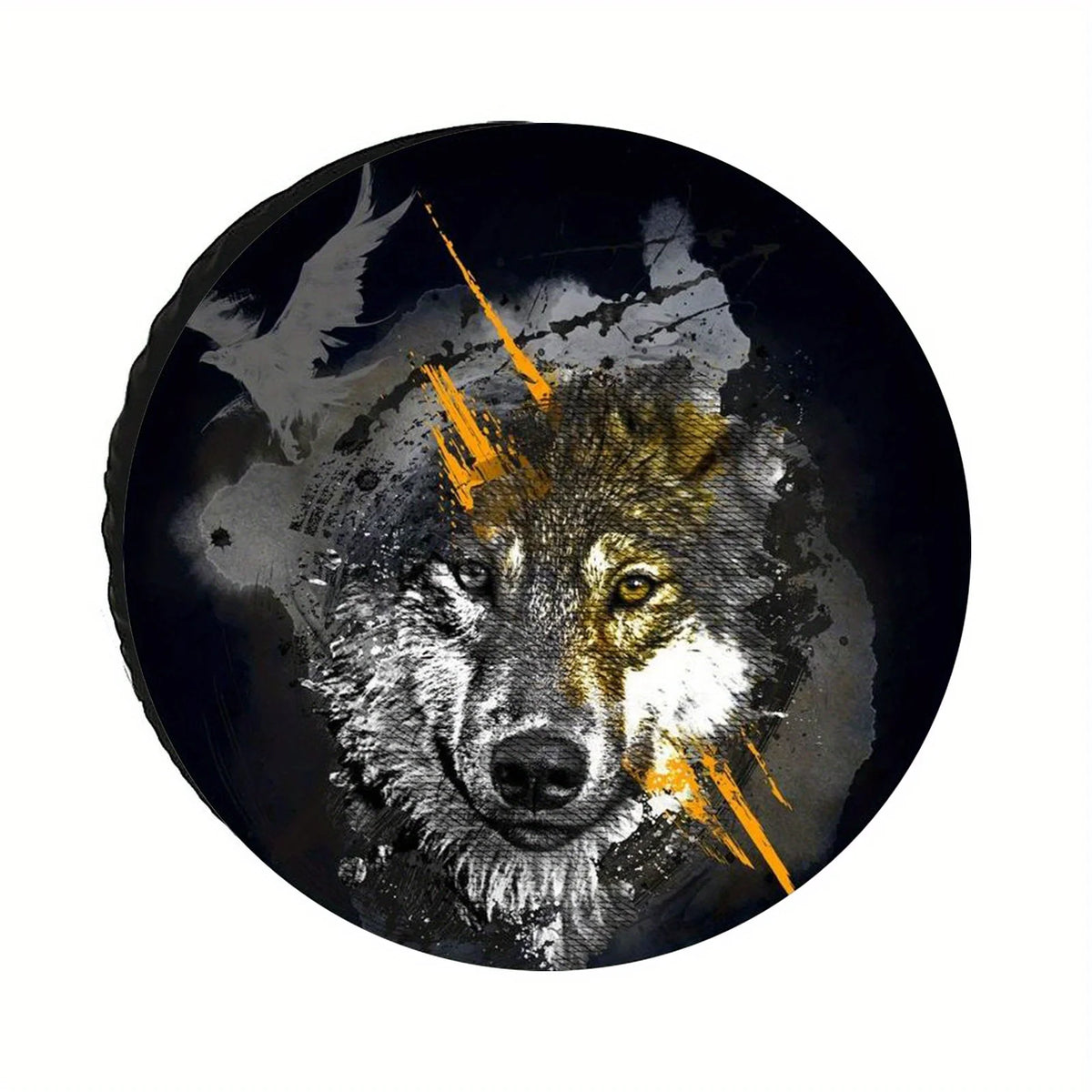 Wolf Portrait Spare Tire Cover – Black & Gold Art, 14–17 in Spare Tire Cover HIP 1 17in
