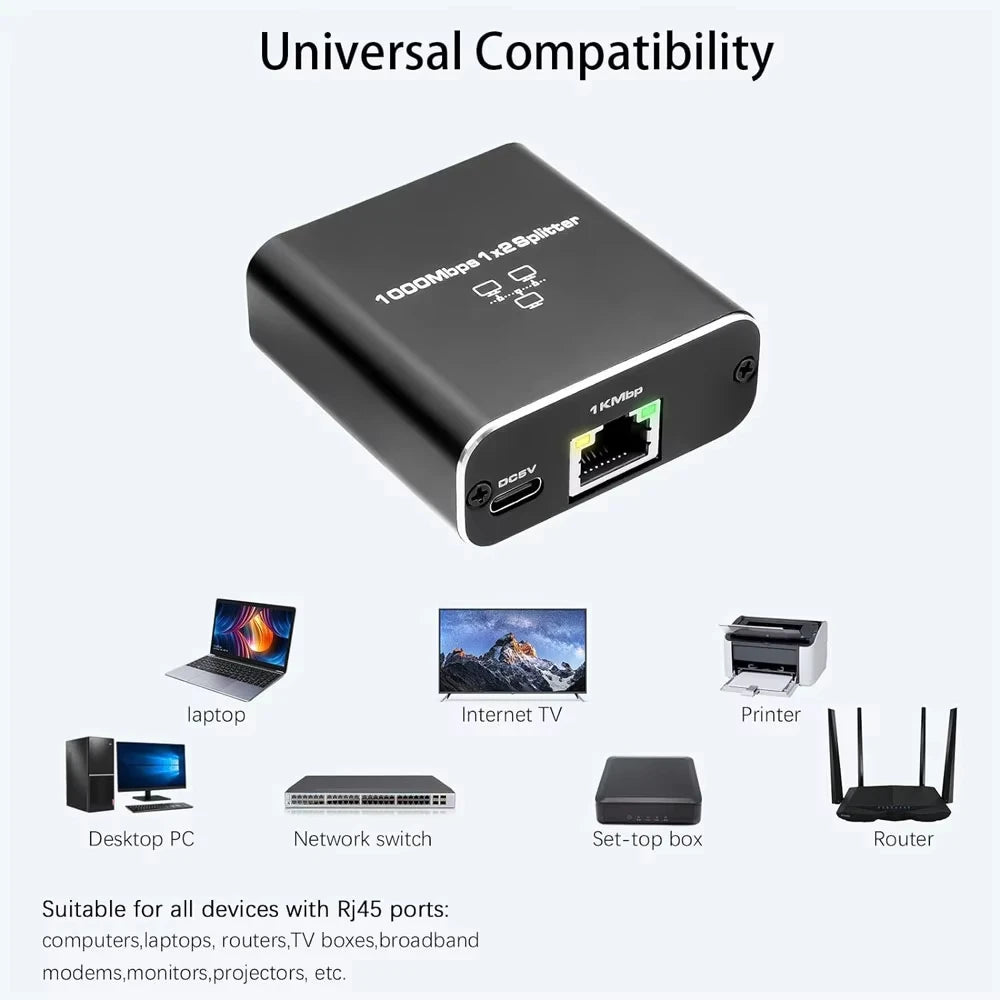Gigabit Ethernet Splitter 1 to 2 RJ45 Hub – 1000Mbps Ethernet Network Splitter HIP