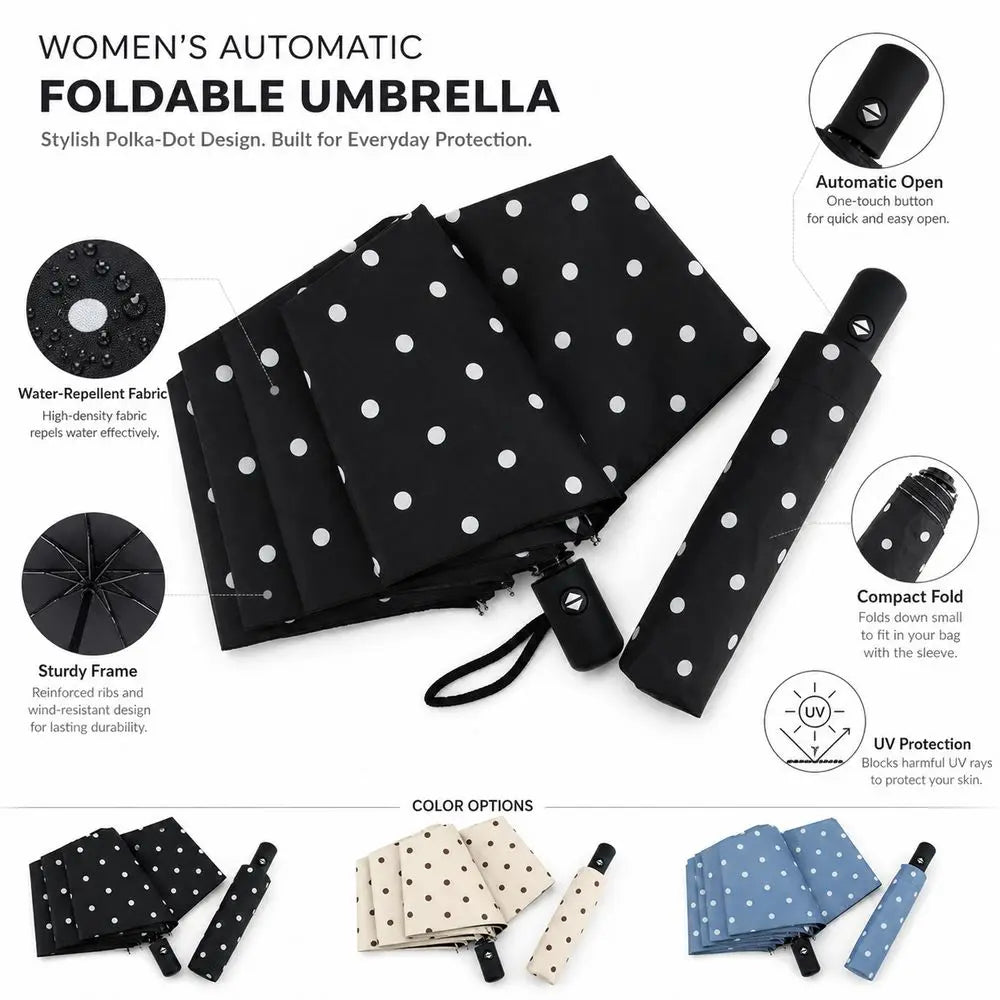 Polka Dot Auto Folding Umbrella – UV Protection & Compact Folding Umbrella HIP