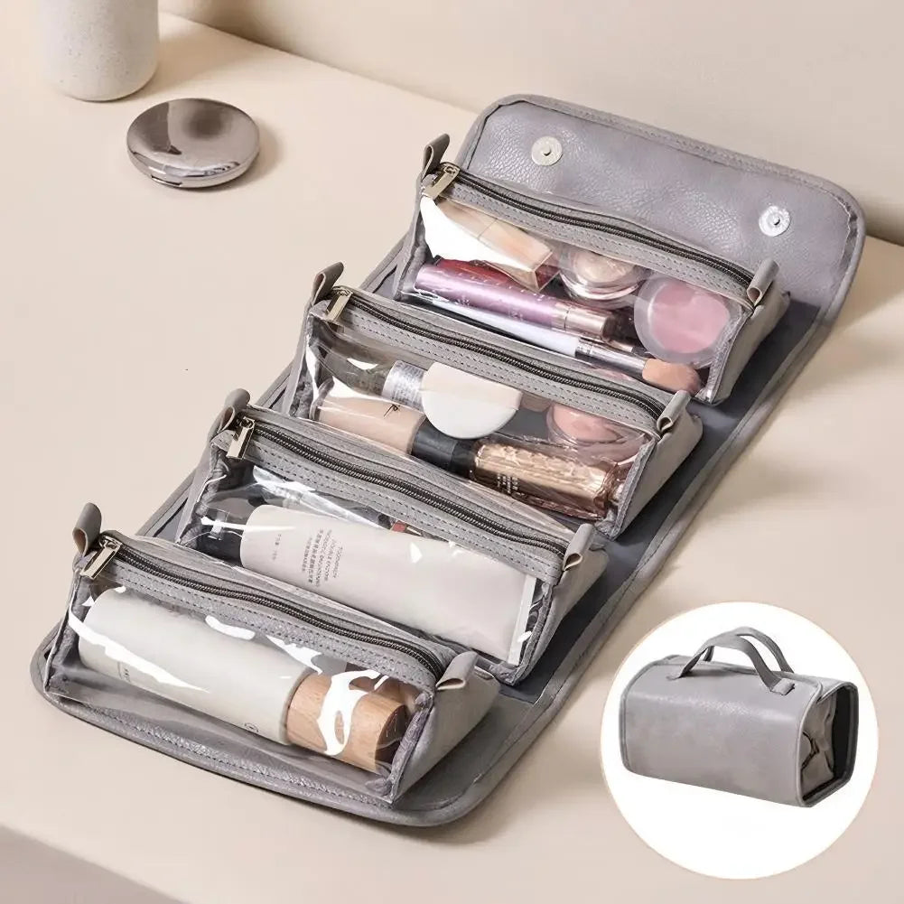 PU Leather Travel Cosmetic Bag Large Capacity Foldable Design Makeup Organizer Bag Waterproof Material Portable Makeup Case HIP Black
